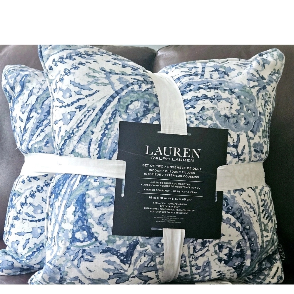 Ralph Lauren Indoor/Outdoor  Blue and White Paisley Pillows